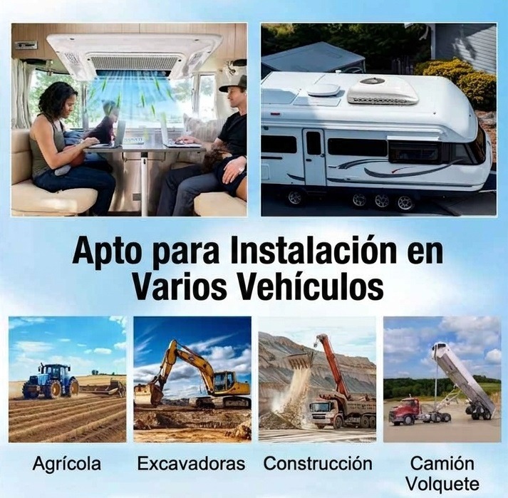 Ejemplos de aire acondicionado en motorhome, maquinaria agrícola, excavadora y camión de volteo